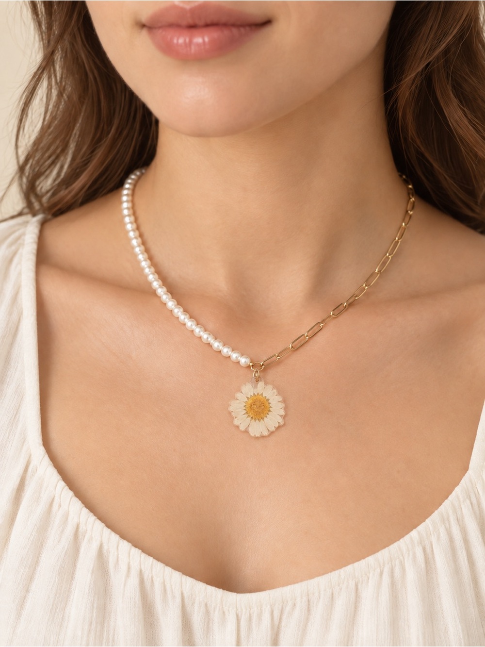 Exclusive Handmade Gold and White resin Daisy Pendant Necklace